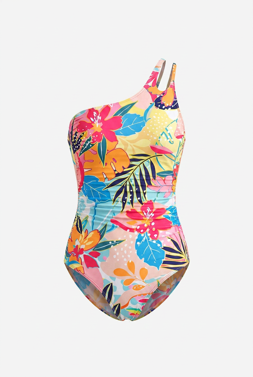 Swimwear : Asymmetric Floral One-Piece – Vibrant Tropical Blossom Swimsuit in Tropical Flowers van Vandaliamo