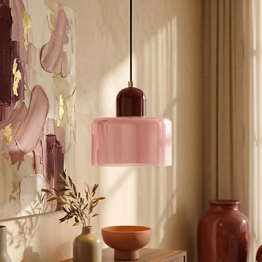 Home Decor : Bauhaus Colored Glass Pendant Lamp - Adjustable Height in Pink van Vandaliamo