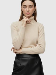 Beige Fleece Lined Thermal Turtleneck Sweater