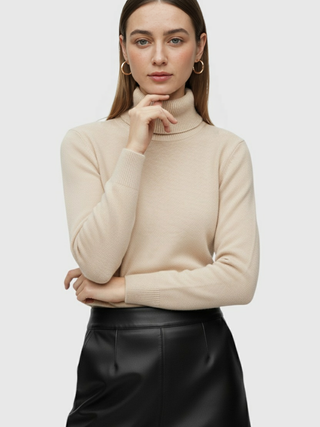 Beige Fleece Lined Thermal Turtleneck Sweater