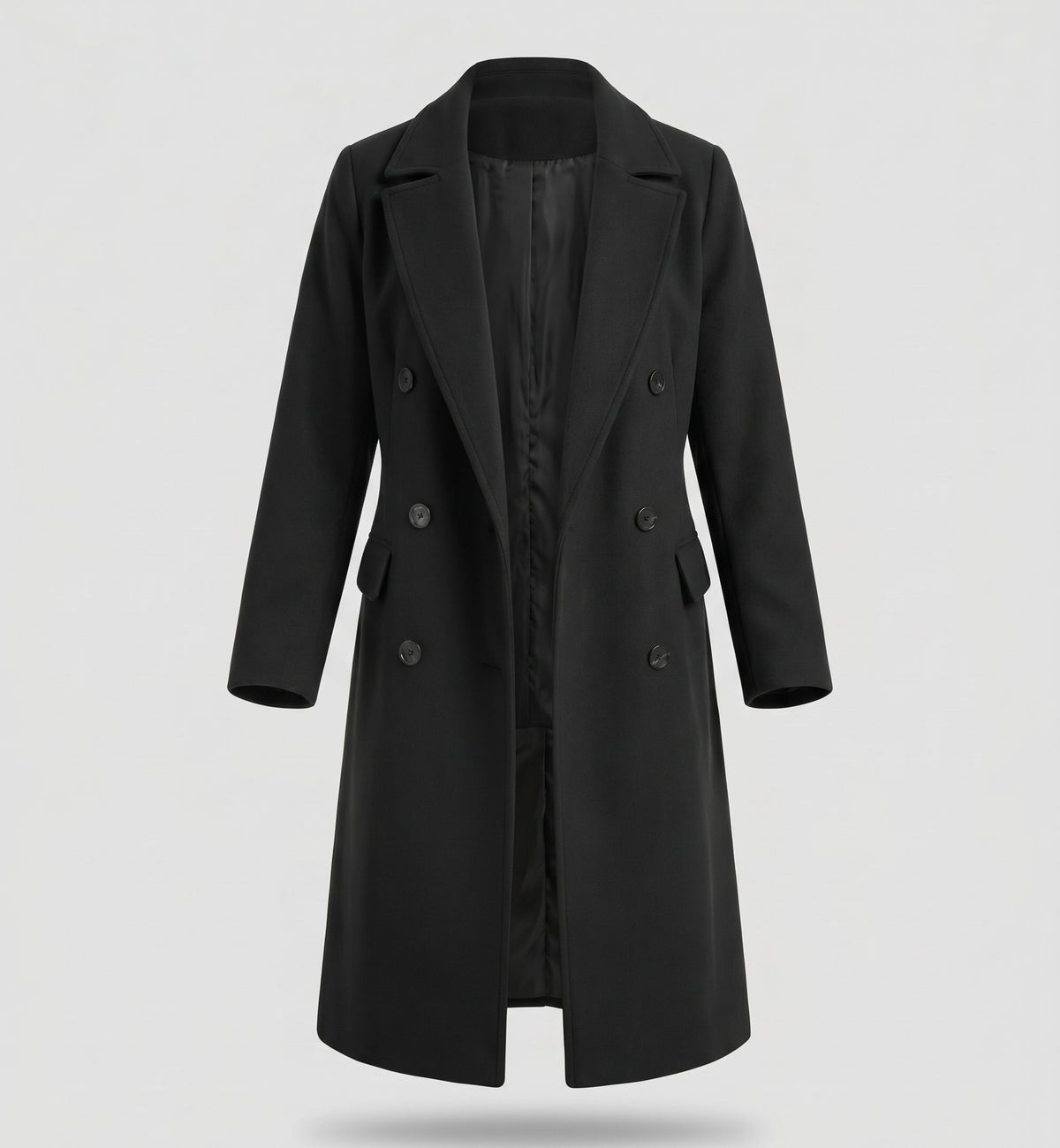 Fashion : Women's Double-Breasted Long Coat with Lapel Collar in Black van Vanda Liamo