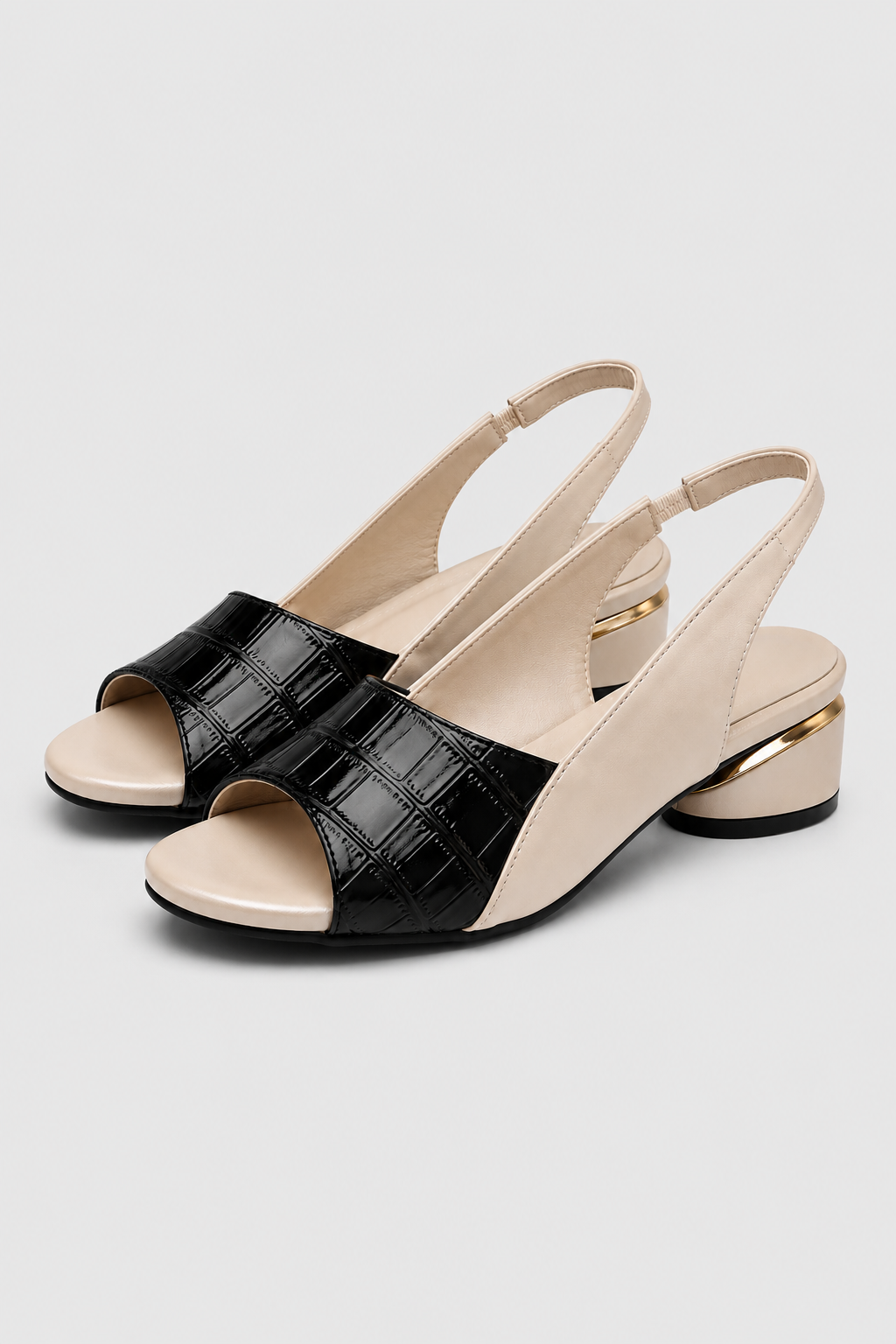 Shoes : Black Croc Print Slingback Sandal – Beige Low Block Heel Shoes in van Vandaliamo