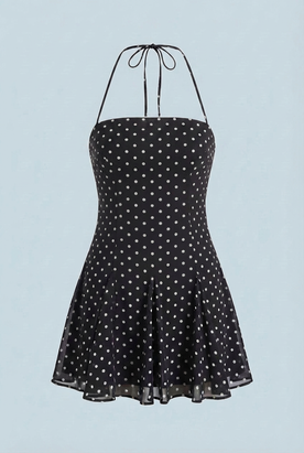 Dress : Black Polka Dot Halter Mini Dress - Flattering Fit for Summer Events in Black van Vanda Liamo