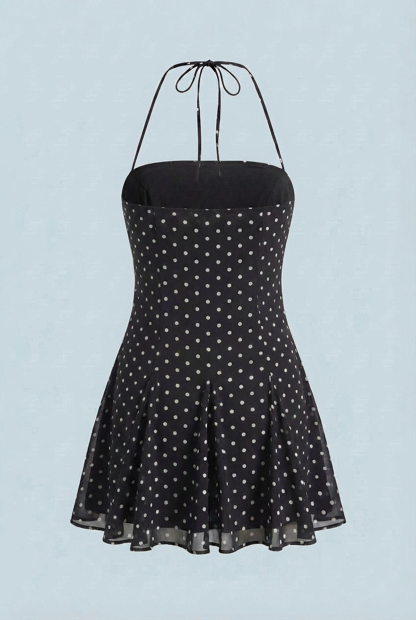 Dress : Black Polka Dot Halter Mini Dress - Flattering Fit for Summer Events in van Vanda Liamo
