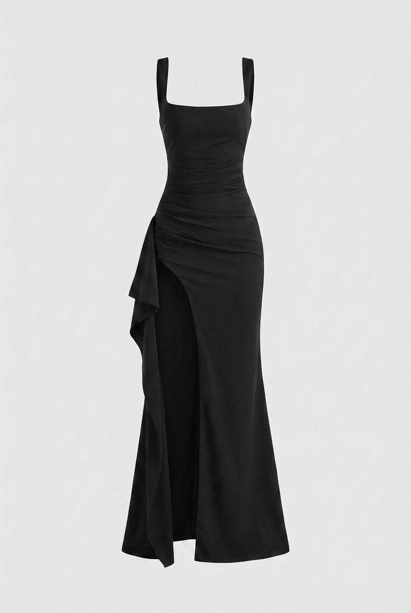 Dress : Women's Black Square Neck Slimming Midi Dress with Slit for Evenings in Black van Vanda Liamo