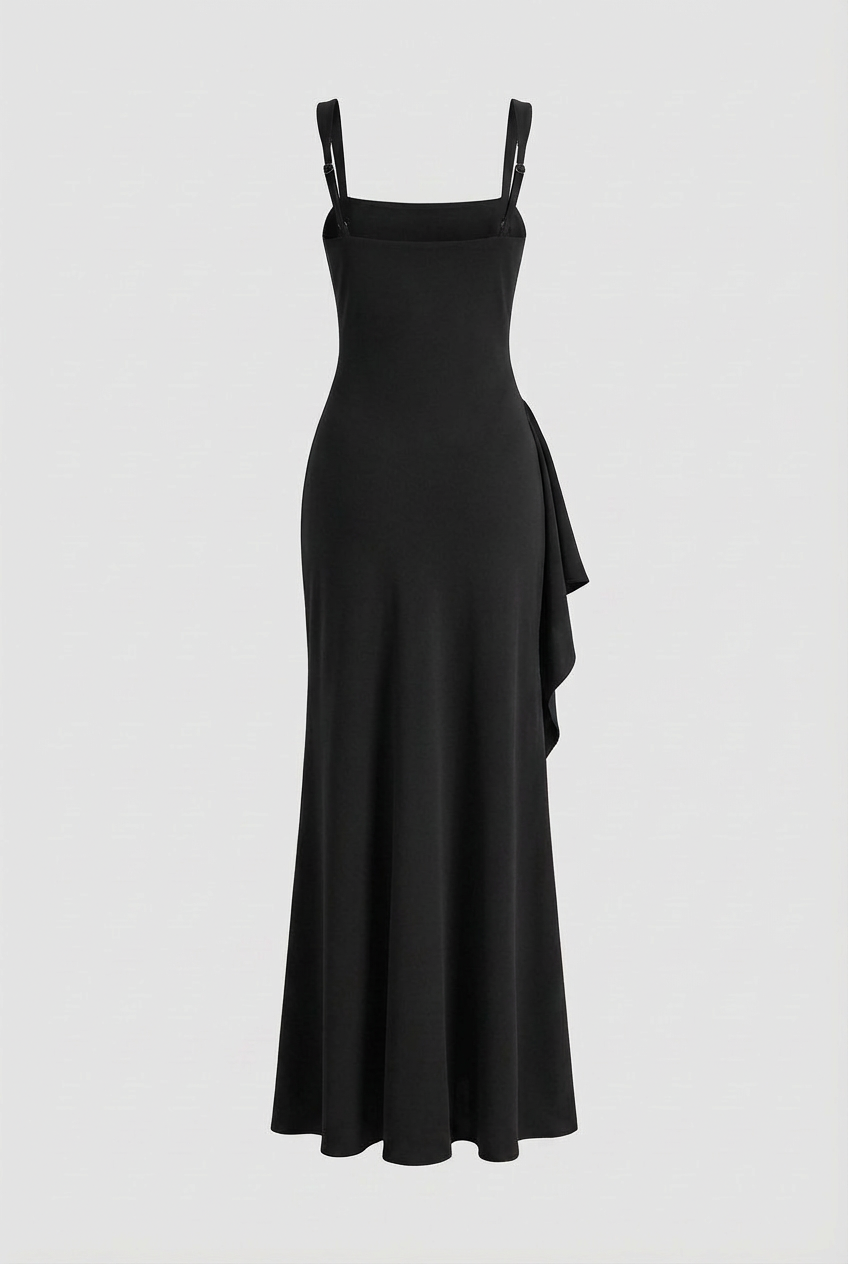 Dress : Women's Black Square Neck Slimming Midi Dress with Slit for Evenings in van Vanda Liamo