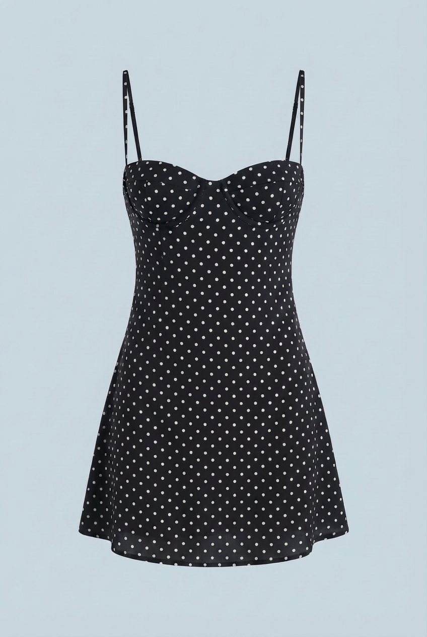 Dress : Black & White Polka Dot Mini Dress – Chic Open-Back Halter - Premium Quality, Fast Shipping in Black van Vanda Liamo