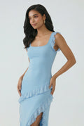 Women's Blue High Slit Maxi Evening Dress - Elegant & Formal Gown