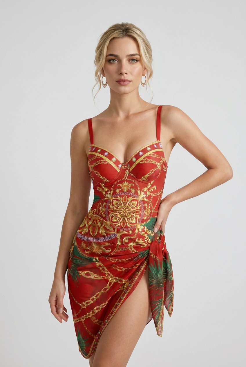 Swimwear : Women's Red One-Piece Swimsuit with Skirt - Perfect for Summer Beachwear in van Vandaliamo