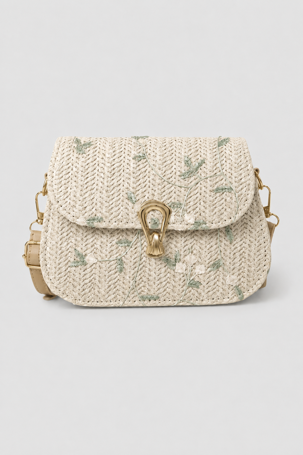 Botanical Patterned Curved Shoulder Bag – Textured Silhouette with Polished Clasp
