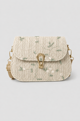 Botanical Patterned Curved Shoulder Bag – Textured Silhouette with Polished Clasp