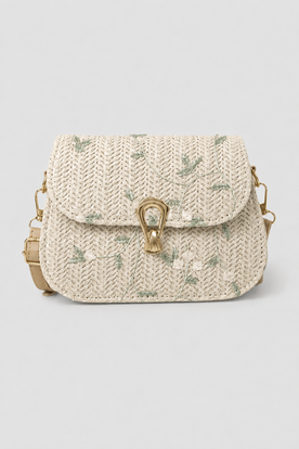Bags : Botanical Patterned Curved Shoulder Bag - Textured Silhouette with Polished Clasp in Beige Standard van Vandaliamo
