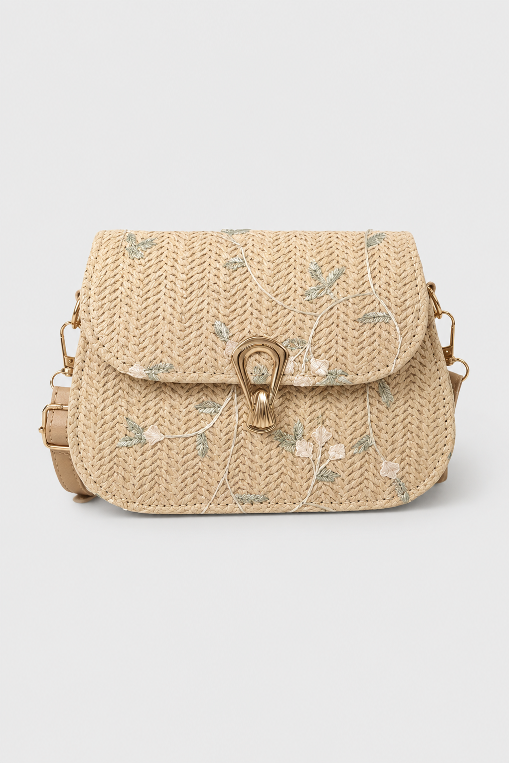 Botanical Patterned Curved Shoulder Bag – Textured Silhouette with Polished Clasp