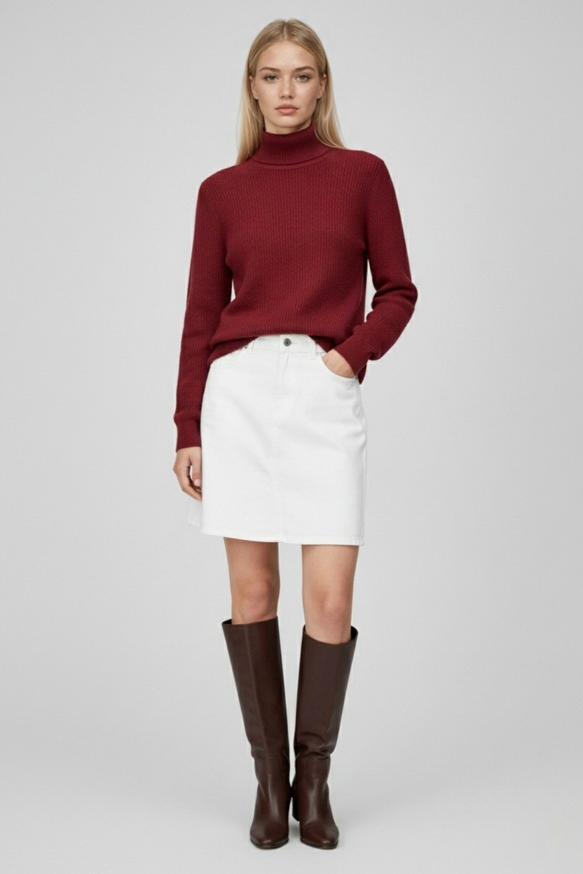 Women's Sweaters : Burgundy Fleece Lined Thermal Turtleneck Sweater in van Vanda Liamo