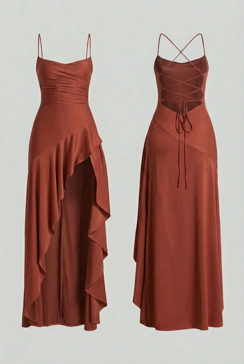 Maxi Dresses : Women's Brick Red Lace-Up Back Maxi Dress with Adjustable Straps in Brick Red van Vanda Liamo