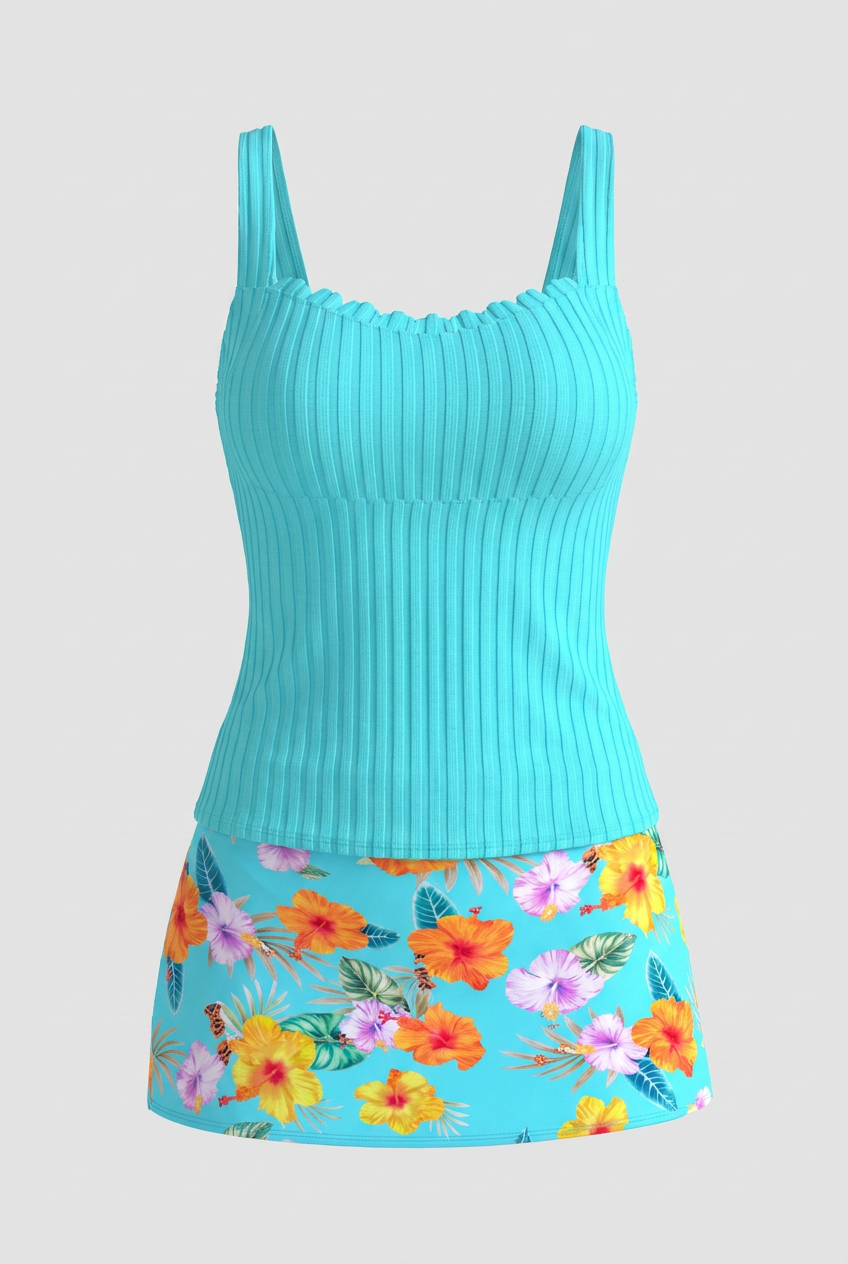 Swimwear : Bright Cyan Tropical Flower Tankini – Summer Beachwear with Orange & Yellow Hibiscus in Cyan van Vandaliamo