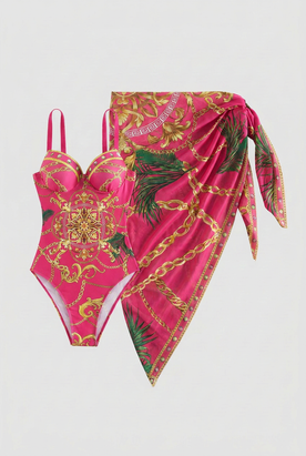 Swimwear : Women's Bright Pink Push-Up Bikini Swimsuit & Matching Skirt Cover-Up Set in Pink van Vandaliamo
