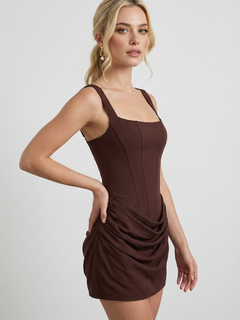 Brown Draped Hourglass Mini Dress - Chic Mocha Style for Cocktail Parties