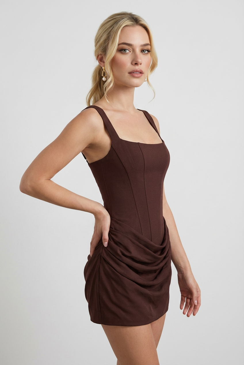 Dress : Brown Draped Hourglass Mini Dress - Chic Mocha Style for Cocktail Parties in van Vanda Liamo