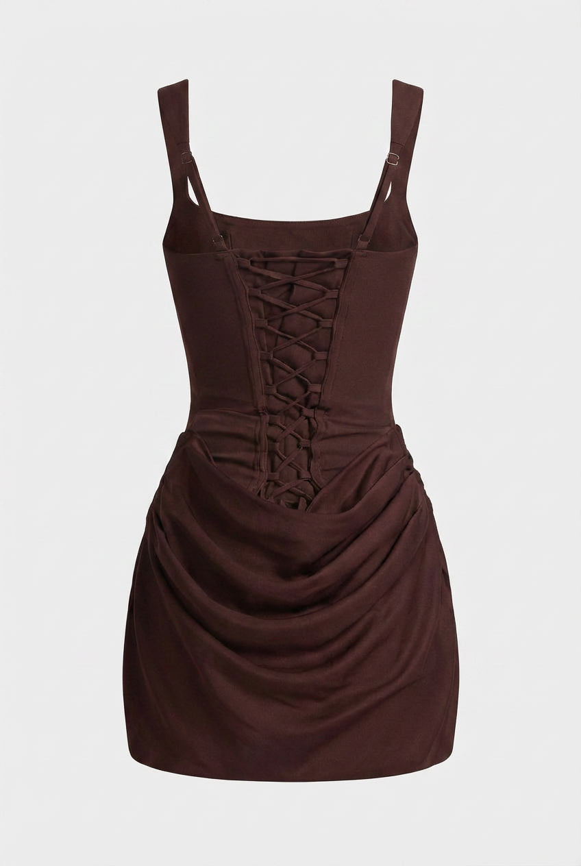 Dress : Brown Draped Hourglass Mini Dress - Chic Mocha Style for Cocktail Parties in van Vanda Liamo
