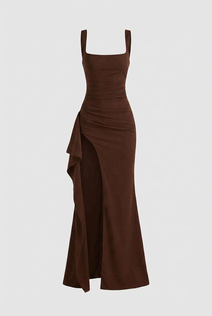 Dress : Women's Mocha Brown Square Neck Fit & Flare Midi Dress with Slit in Dark Brown van Vanda Liamo