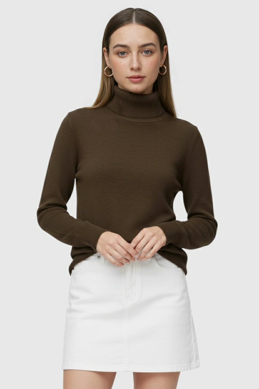 Women's Sweaters : Brown Fleece Lined Thermal Turtleneck Sweater in van Vanda Liamo