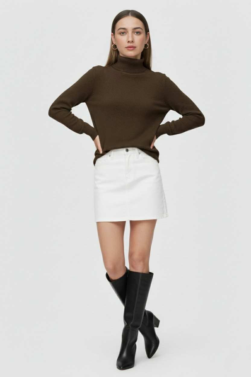 Women's Sweaters : Brown Fleece Lined Thermal Turtleneck Sweater in van Vanda Liamo