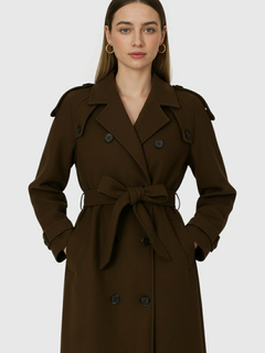 Women's Classic Long Brown Double-Breasted Trench Coat with Belt