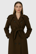 Women's Classic Long Brown Double-Breasted Trench Coat with Belt