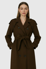 Women's Classic Long Brown Double-Breasted Trench Coat with Belt
