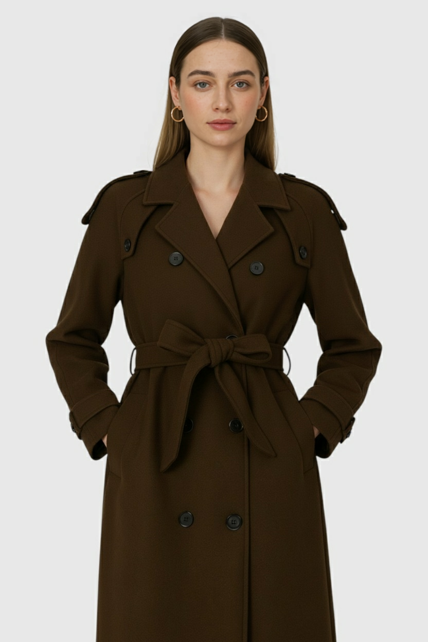 Coat : Women's Classic Long Brown Double-Breasted Trench Coat with Belt in van Vanda Liamo