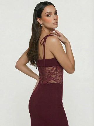 Women's Burgundy Lace Bodycon Maxi Dress with Spaghetti Straps