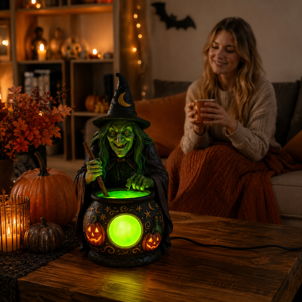 Witch Cauldron Resin Table Lamp with Neon Green LED