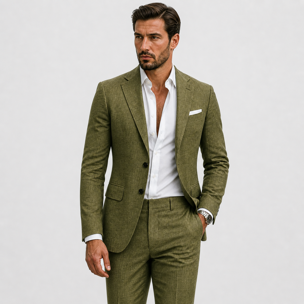 Suit : Men's 2-Piece Suit - Slim-Fit Polyester Blazer & Trousers Elegant in Olive Green van Vanda Liamo