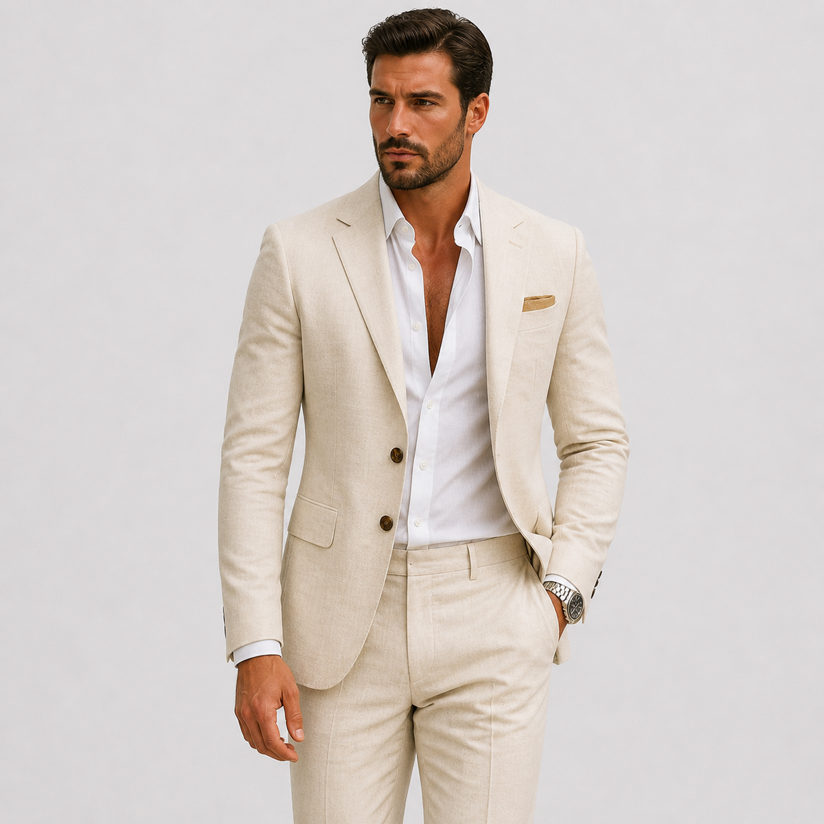 Suit : Men's 2-Piece Suit - Slim-Fit Polyester Blazer & Trousers Elegant in Beige van Vanda Liamo