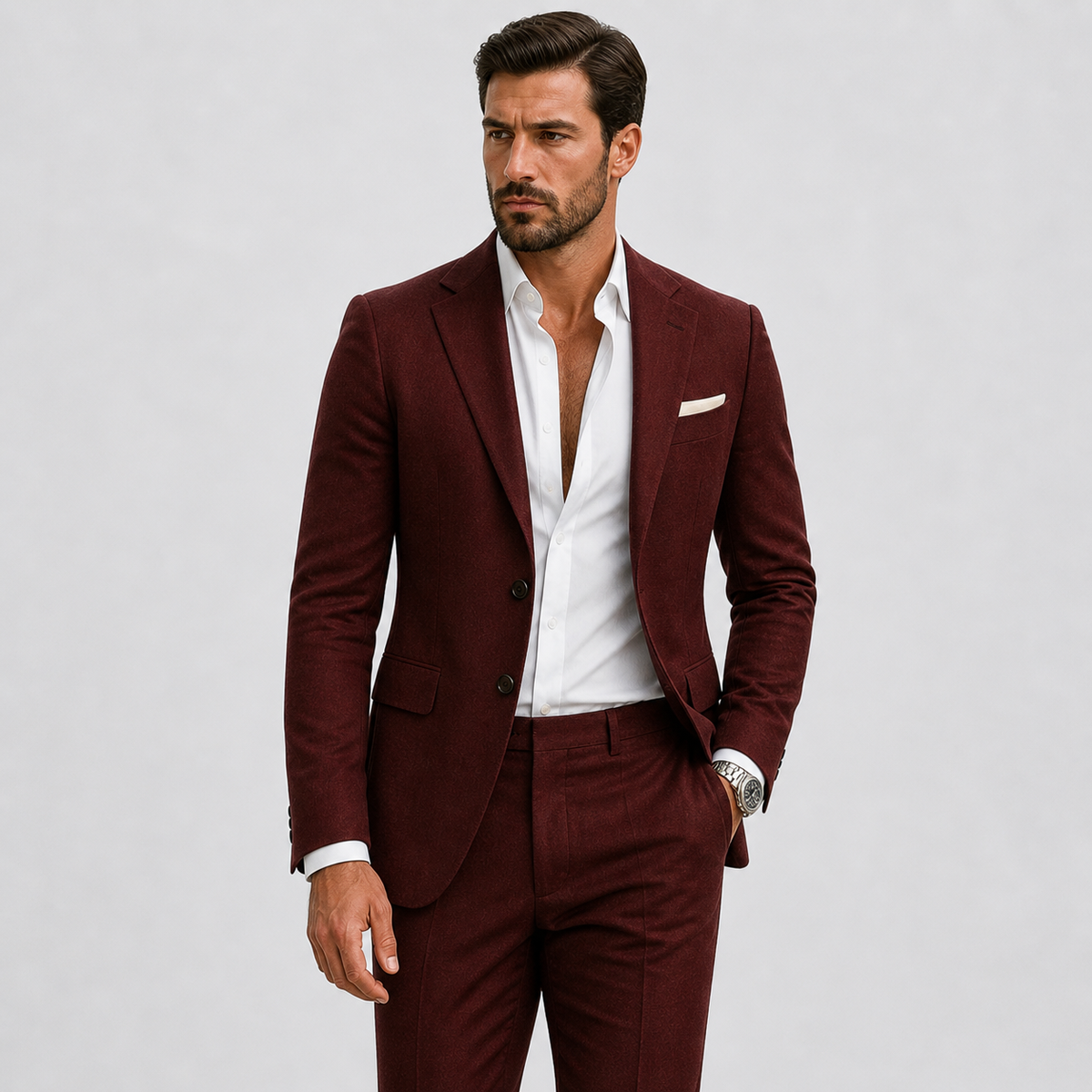 Suit : Men's 2-Piece Suit - Slim-Fit Polyester Blazer & Trousers Elegant in Burgundy van Vanda Liamo