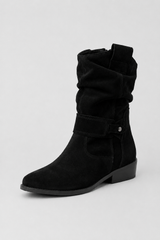 Women's Black Suede Retro Ankle Boots - Classic Block Heel & Side Zip