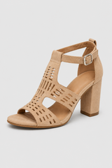 Tan Laser Cut Block Heel Sandals – Nude Open Toe Chunky Heels