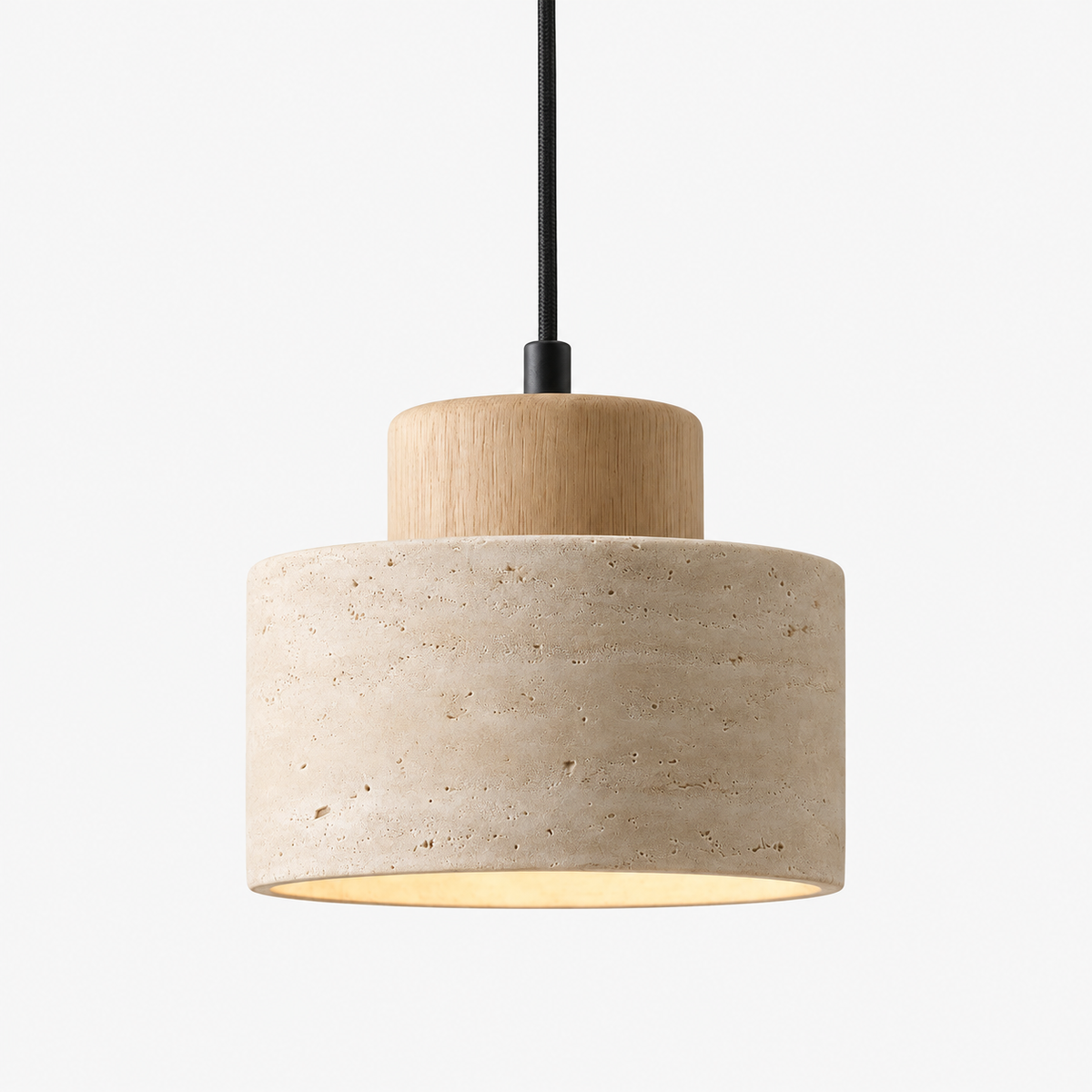 Travertine Pendant Lamp - Natural Stone & Wood, Dimmable