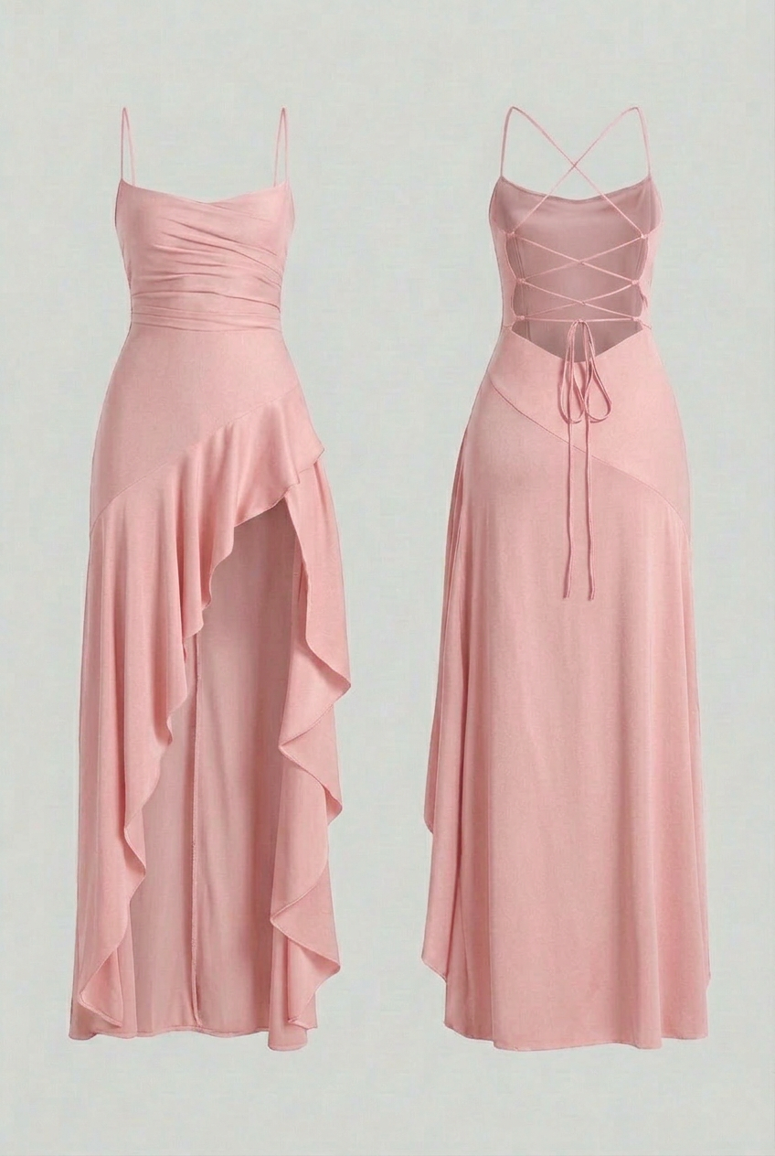 Maxi Dresses : Women's Pink Flowy Asymmetric Hem Maxi Dress - Elegant Summer Party Gown in Pink van Vanda Liamo