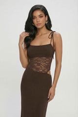 Dames chocoladebruine bodycon maxi-jurk - lange mouw, stretch gebreid