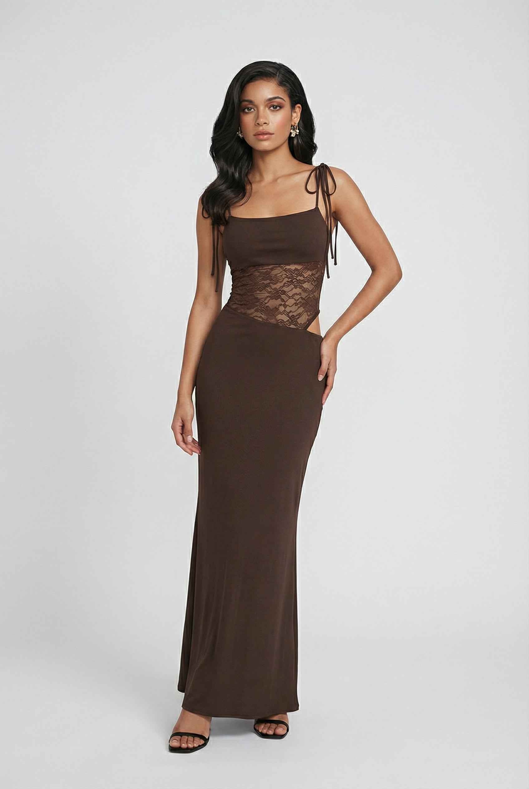 Women's Dresses : Women's Chocolate Brown Bodycon Maxi Dress - Long Sleeve, Stretch Knit in van Vanda Liamo