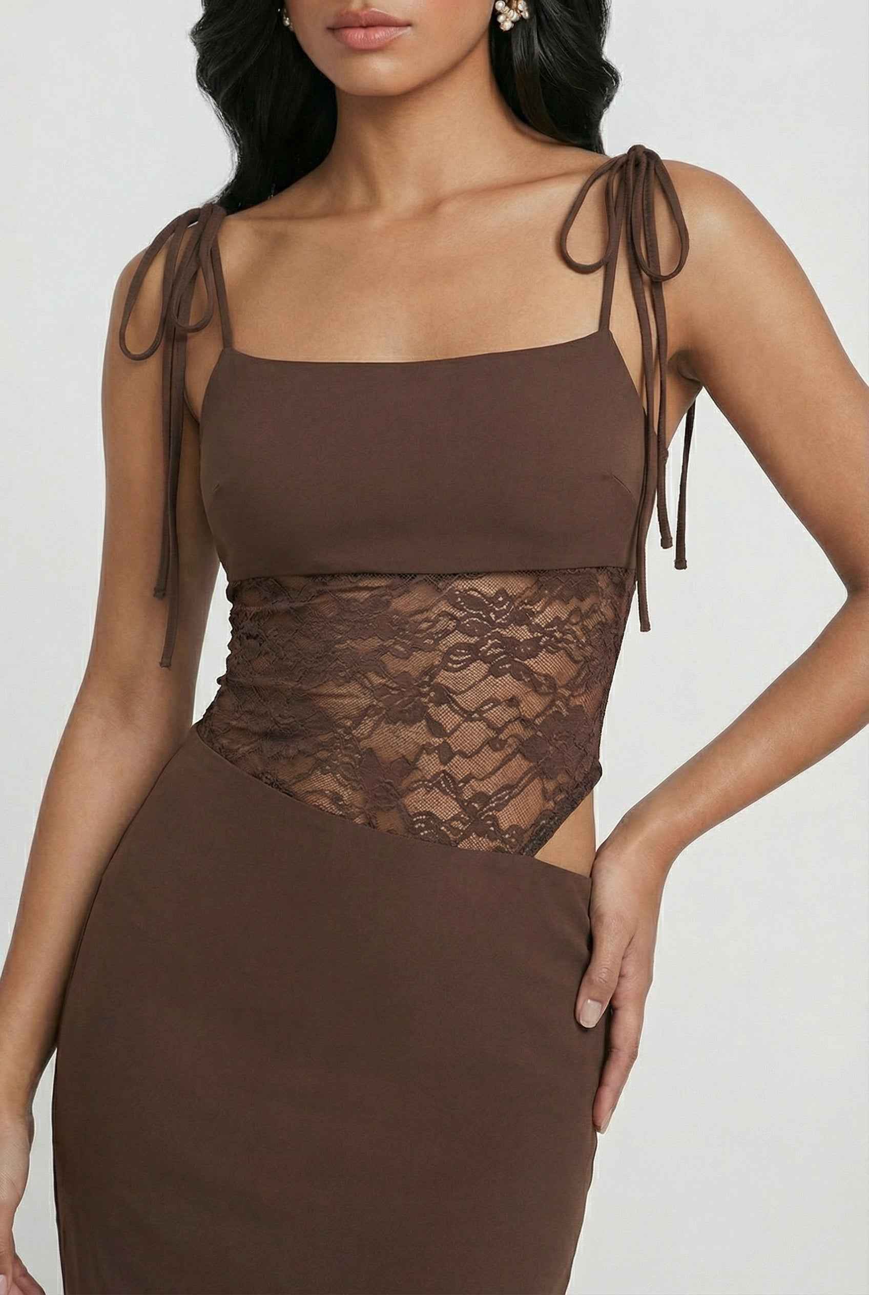 Women's Dresses : Women's Chocolate Brown Bodycon Maxi Dress - Long Sleeve, Stretch Knit in van Vanda Liamo