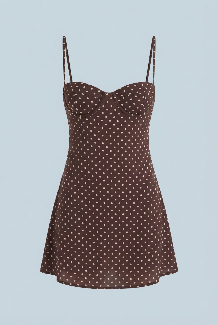 Dress : Women's Retro Chocolate Brown Polka Dot Mini Dress with Frill Hem in Chocolate van Vanda Liamo