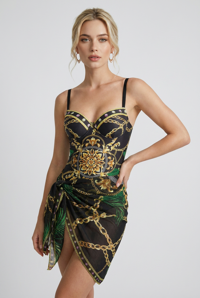 Swimwear : Classic Black Baroque Swimwear with Matching Beach Skirt in van Vandaliamo