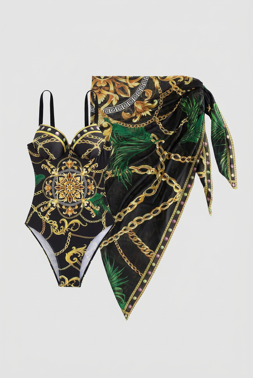 Swimwear : Classic Black Baroque Swimwear with Matching Beach Skirt in Black van Vandaliamo