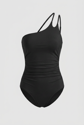 Swimwear : Classic Black One-Shoulder Swimsuit - Adjustable Ruched Bodysuit in Black van Vandaliamo