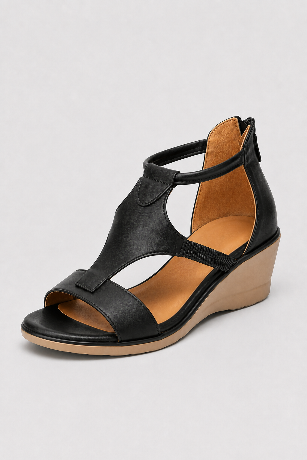 Shoes : Classic Black Open Toe Wedges – Supportive T-Strap Summer Sandals in Black van Vandaliamo