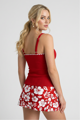 Classic Hibiscus Tankini Set – Bright Red 2-Piece Swimsuit with Ruffled Top