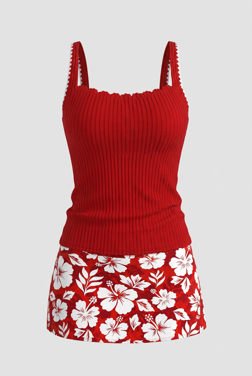 Swimwear : Classic Hibiscus Tankini Set – Bright Red 2-Piece Swimsuit with Ruffled Top in Red van Vandaliamo